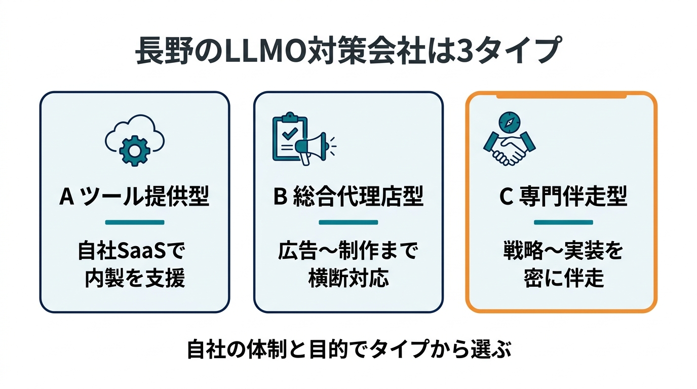 長野のLLMO対策会社の3タイプ分類図