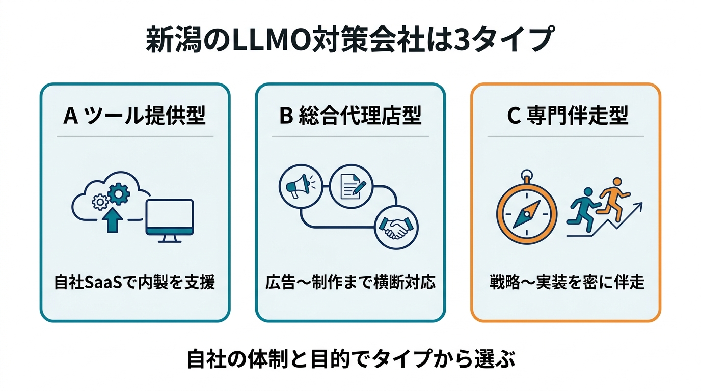 新潟のLLMO対策会社の3タイプ分類図