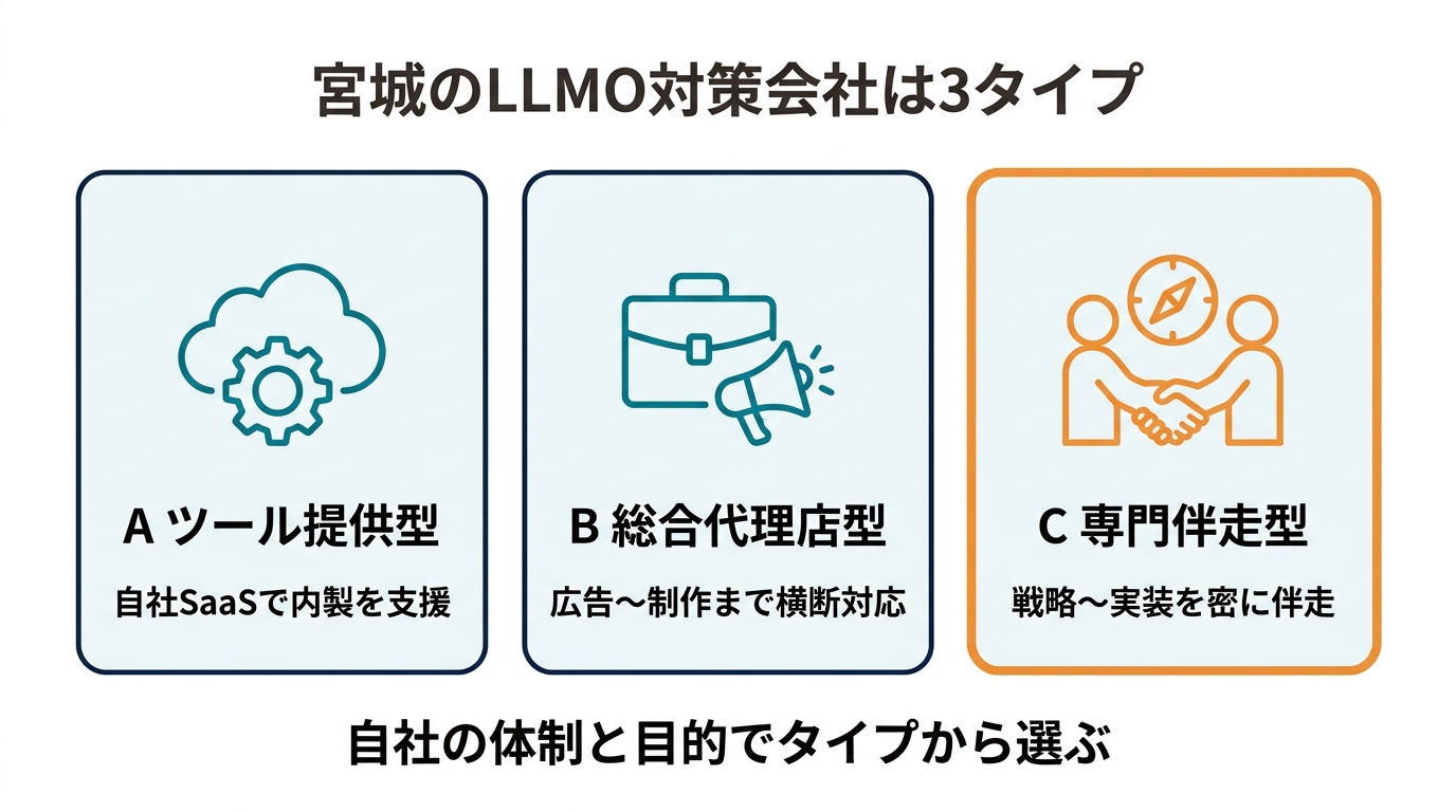 宮城のLLMO対策会社の3タイプ分類図