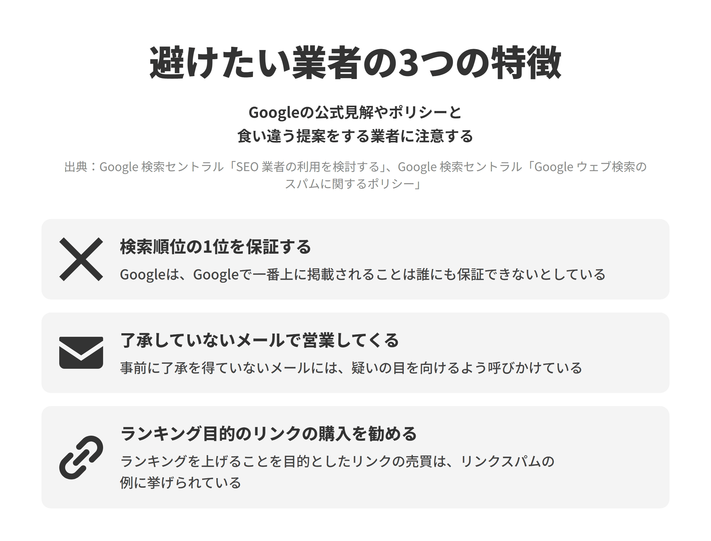 避けたい業者の3つの特徴。Googleの公式見解やポリシーと食い違う提案をする業者に注意する。検索順位の1位を保証する、了承していないメールで営業してくる、ランキング目的のリンクの購入を勧める
