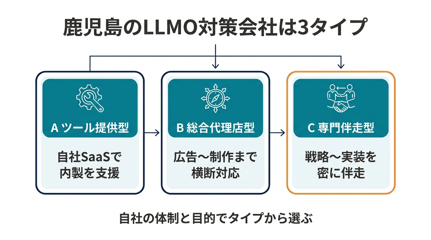 鹿児島のLLMO対策会社の3タイプ分類図