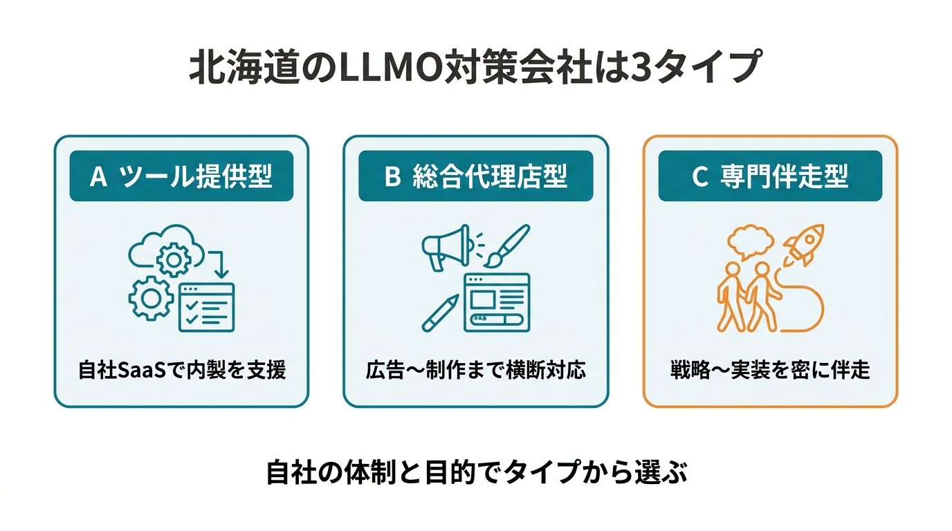 北海道のLLMO対策会社の3タイプ分類図