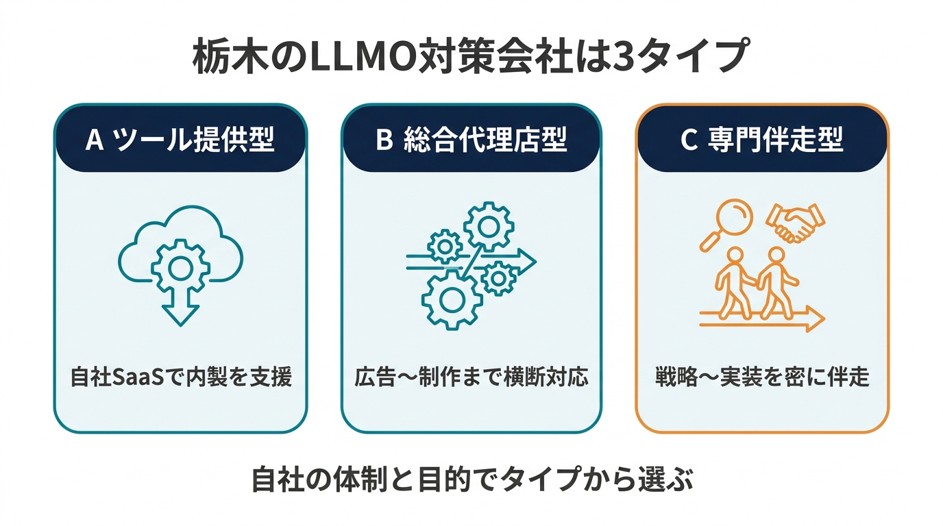 栃木のLLMO対策会社の3タイプ分類図