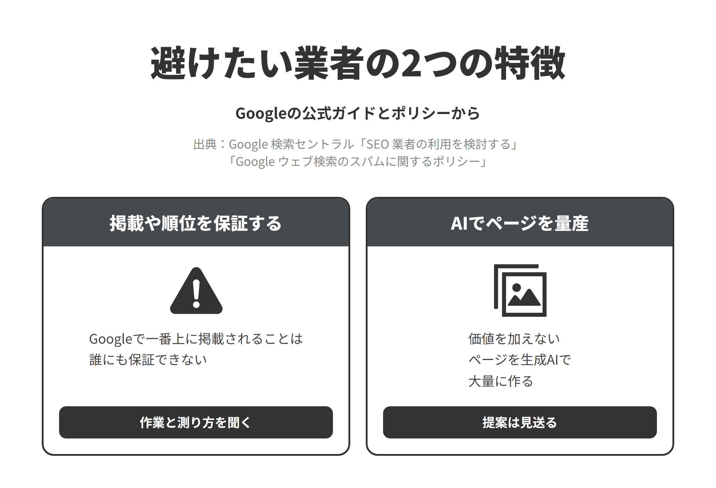 Googleの公式ガイドとスパムに関するポリシーをもとに、神戸のLLMO対策会社選びで避けたい業者の2つの特徴を並べた図。AIの回答への掲載や検索順位を保証する業者については、Googleで一番上に掲載されることは誰にも保証できず、AIの回答に必ず載せるといった約束も同じように考えられるため、作業の内容と測り方を聞く。生成AIで価値を加えないページを大量に作る提案をする業者については、生成AIツールなどでユーザーにとっての価値を加えずに大量のページを作ることは大量生成されたコンテンツの不正使用の例とされているため、AIで記事を毎日大量に増やせばAIに引用されるといった提案は見送る。